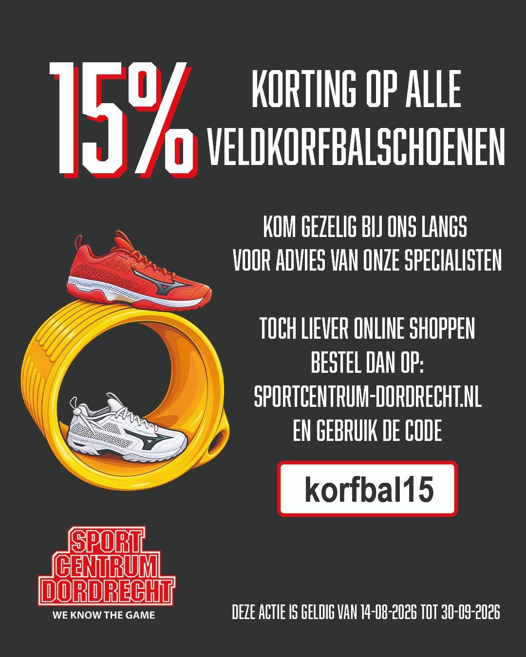 15% korting op veldkorfbalschoenen bij Sport Centrum Dordrecht